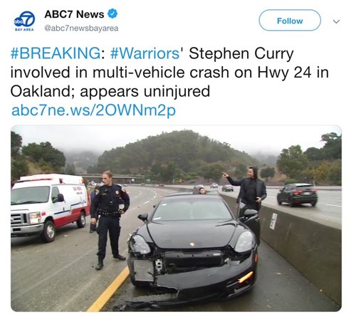 库里遭遇车祸 事后发推感叹 豪车被撞两次受损严重