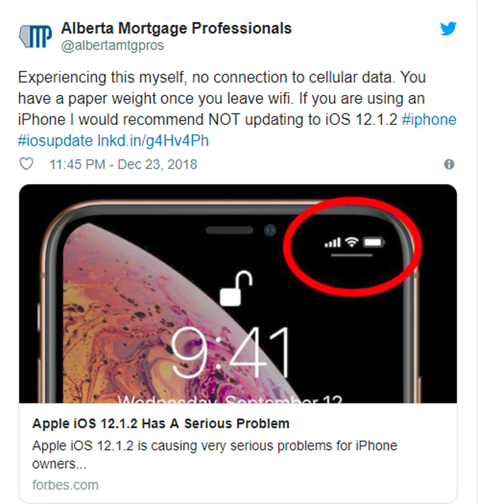 iOS 12.1.2出问题 大量用户数据连接失败