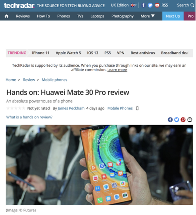 外媒TechRadar体验华为Mate 30 Pro，中国旗舰手机中的明珠！