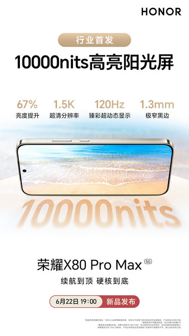屏幕峰值亮度突破 10000nits：荣耀 X80 Pro Max 手机官宣行业首发万级高亮屏