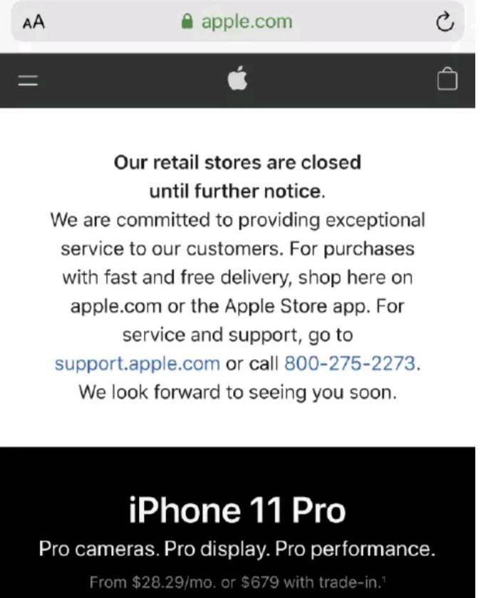 苹果无限期关闭Apple Store 营业时间待定